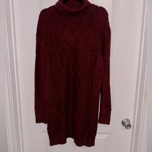 Lulu’s Cuddle Up Close Burgundy Cable Knit Turtleneck Sweater Dress